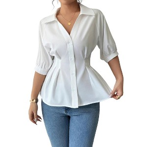 Womens V Neck Button Down Short Sleeve Collared Casual Shirt - 1 of 4