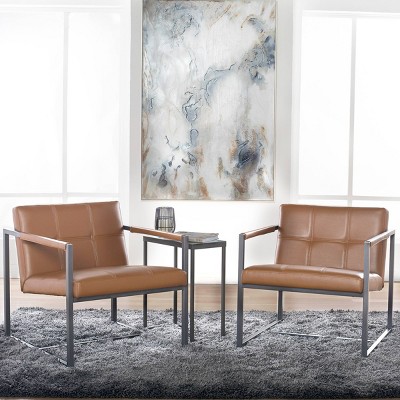 Caramel Leather Mid-Century Modern Metal Accent Chair