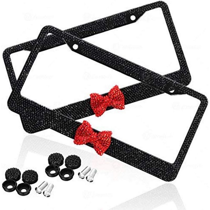 Zone Tech Shiny Bling License Plate Cover Frame – 2 Pack Crystal Black with Red Ribbon Bow License Plate Frame, 1 of 9
