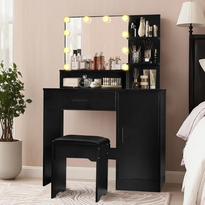 INFURNIC Vanity Tables Modern Makeup Desk with Large Storage and Adjustable Lighting for Bedroom, Black, 35.43"*15.75"*49.21"