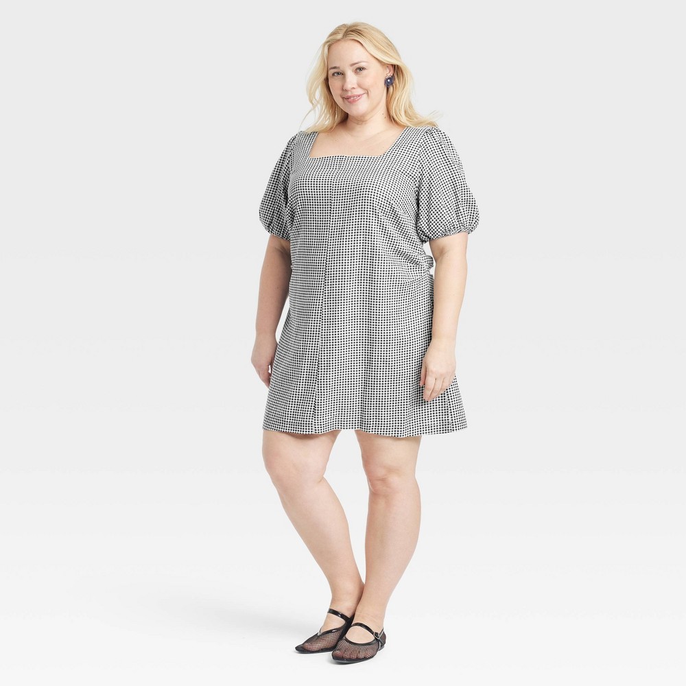 Women's Linen Short Sleeve Mini Sundress - A New Day™ Black Gingham Check 26: Scoopneck, Side Zipper