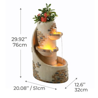 Ivory 3-Tier Cascading Outdoor Water Fountain with Planter and LED Lights