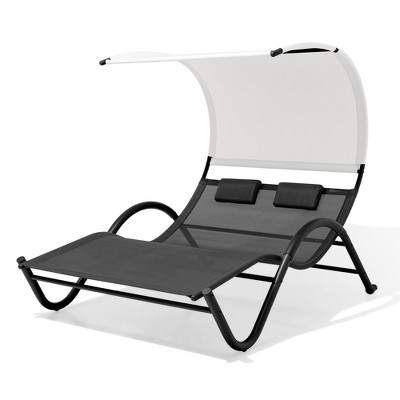 Pellebant Outdoor Double Chaise Lounge Chair with Canopy Shade & Wheels, Double Sun Bed Lounger
