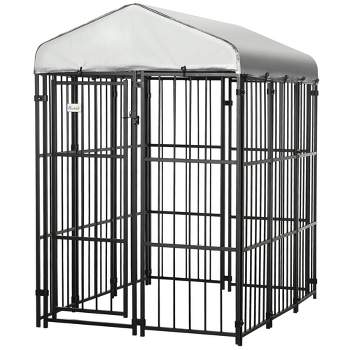 PawHut Covered Dog Playpen for Large & Medium Size Breeds, Outdoor Enclosure, Locking Exercise Kennel with Heavy-Duty Metal Frame, Black
