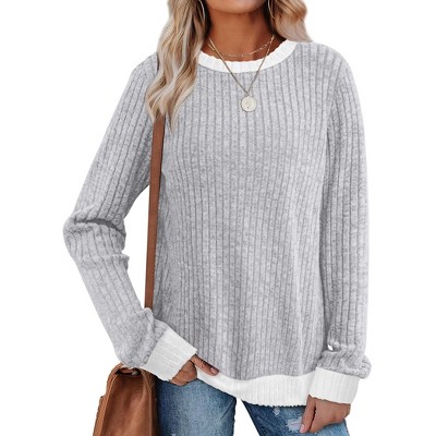Women's Long Sleeve Color Block Tunic Sweater Tops Lightweight Loose Fit Fall Casual Crewneck Shirts