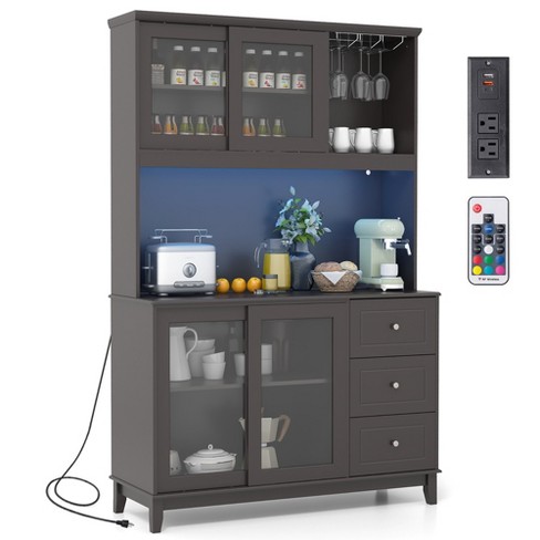 Tangkula Kitchen Pantry Storage Cabinet Kitchen Hutch w/ LED lights & Power Outlet Dark Brown - image 1 of 4