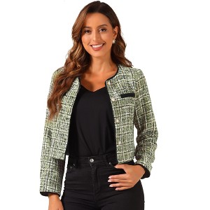 INSPIRE CHIC Women's Elegant Contrast Piping Round Neck Button Front Long Sleeve Tweed Blazer - 1 of 4
