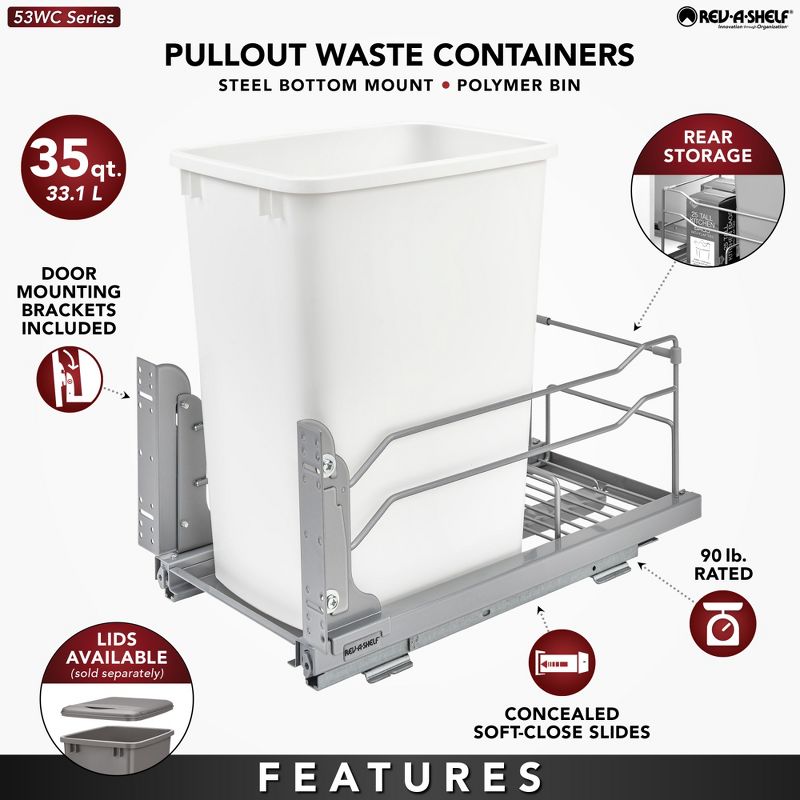 Rev-A-Shelf Pull-Out Trash Can for Under Kitchen Cabinets 35 Quart 8.75 Gallon with Soft-Close Slides and Rear Storage, Champagne, 53WC-1535SCDM, 3 of 7