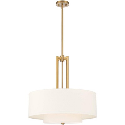 Warm Brass Double Drum Pendant Light with Linen Shade