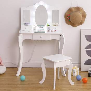 Whizmax 2 in 1 Wooden Princess Makeup Desk Dressing Table with Mirror, Light,Stool & Drawer, White