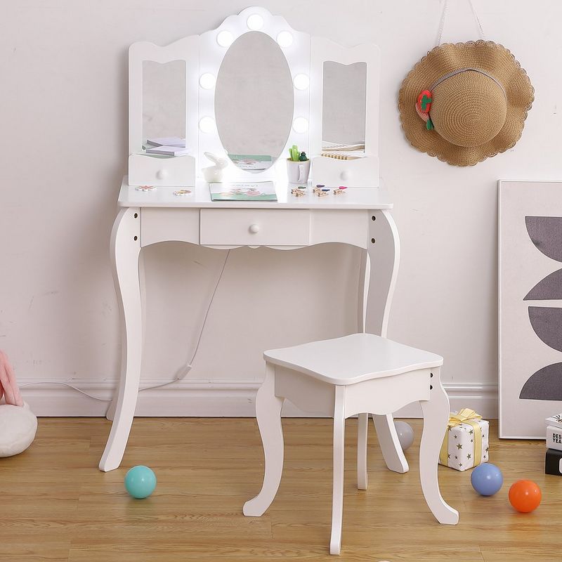 Whizmax 2 in 1 Wooden Princess Makeup Desk Dressing Table with Mirror, Light,Stool & Drawer, White, 1 of 7