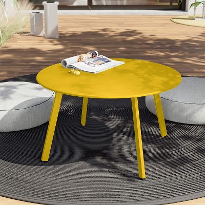 DOMETOUR 27.5 Inch Round Coffee Table Patio Side Table, Weather Resistant Outdoor Large Side Table, Yellow