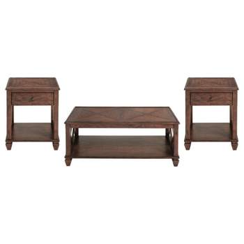 3pc Bridgton Wood Living Room Set with Coffee Table and 2 Square End Tables Cherry - Alaterre Furniture