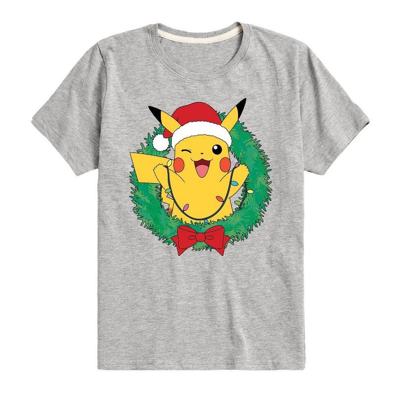 Boys' Pokemon Pikachu Lights Wreath Short Sleeve Graphic T-Shirt - Light Gray, 1 of 2