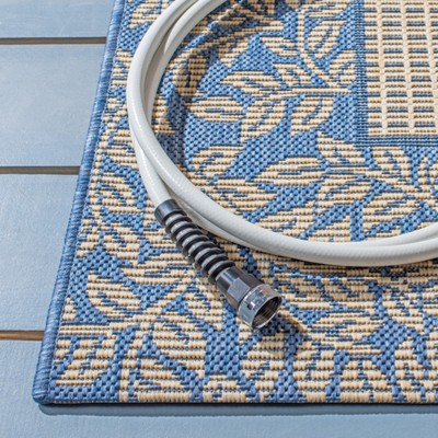 Natural and Blue Floral Border Square Outdoor Rug