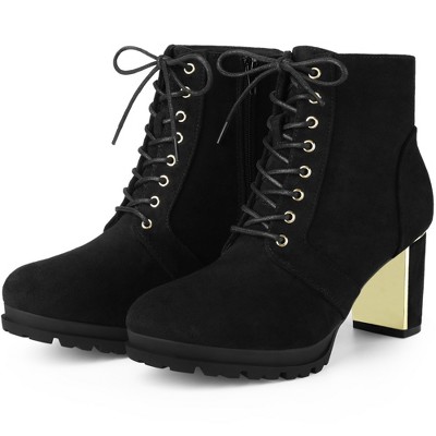 BLISSFUL STEP Women's Round Toe Lace Up Chunky Heel Combat Boots