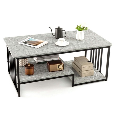 Costway Faux Marble Coffee Table Rectangular 2-tier Center Table With ...
