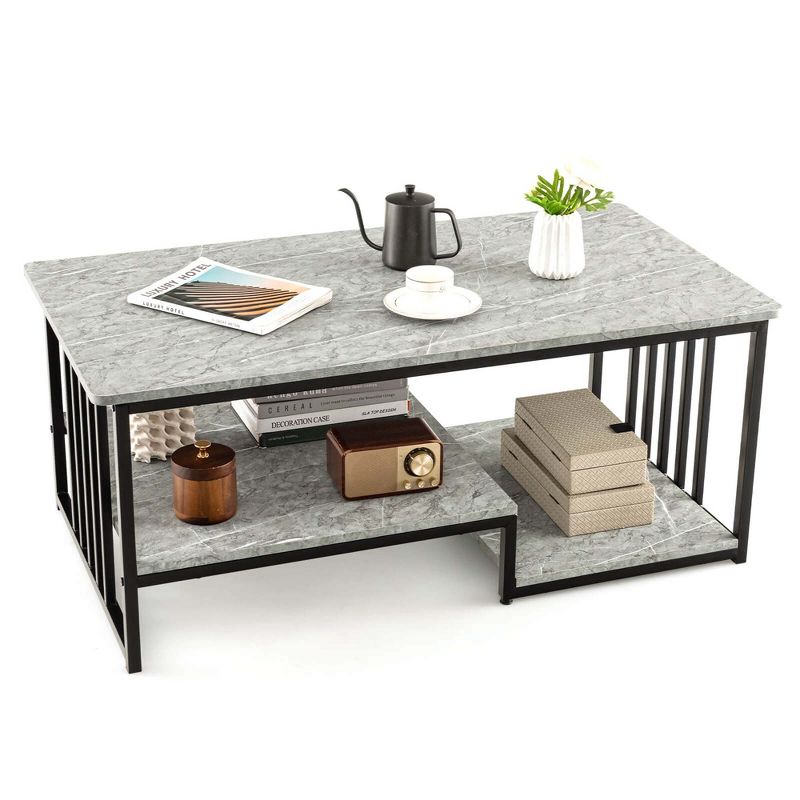 Costway Faux Marble Coffee Table Rectangular 2-Tier Center Table with Open Storage Shelf, 1 of 11