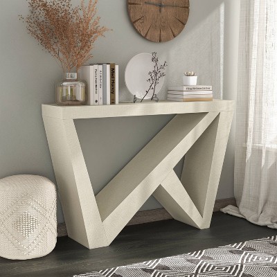 Cream Weave Modern Rectangular Console Table with Geometric Design