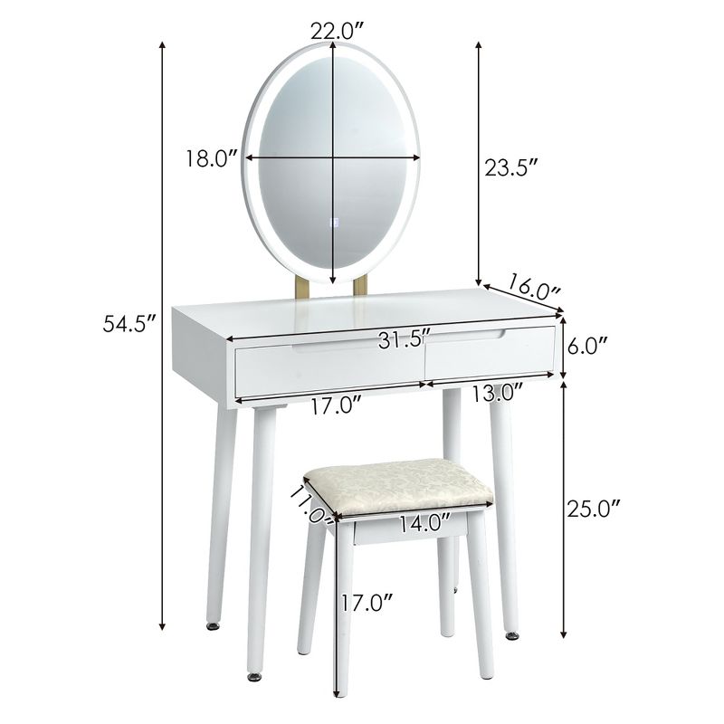 Costway Vanity Makeup Table Touch Screen 3 Lighting Modes Dressing Table Stool Set White\Black\ Gray, 3 of 12