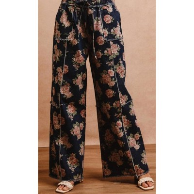 Women's Floral Print Denim Pant - BiBi