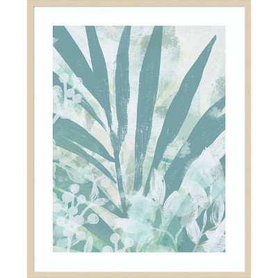 Aqua Palms II Abstract Botanical Lithograph in Brown Frame