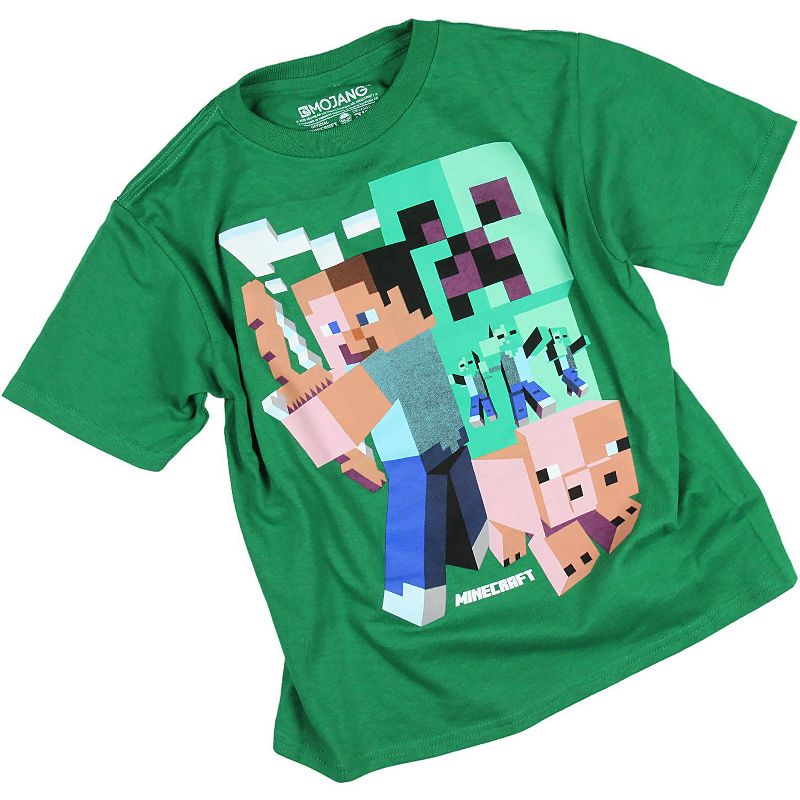 Minecraft Big Boy's T-Shirt Steve Pickaxe Pig Zombies Graphic Green, 3 of 5