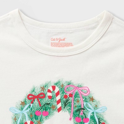 Cat & Jack Kids' 2pk Adaptive Short Sleeve Christmas 'Wreath/Puppy' Graphic T-Shirt - Cat & Jack™ Cream/Red M — фото 3