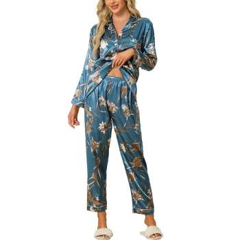 AherBiu Pajamas Sets for Women 2 Piece Outfits Satin Pajamas Long Sleeve  Button Blouse with Lounge Pants Sleepwear