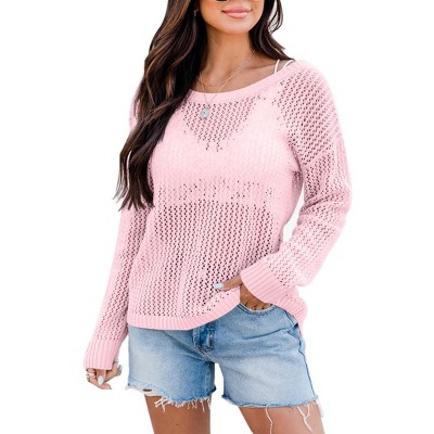 Sheer Tops for Women Summer Breathable Pullover Sweater Crochet Tops Long Sleeve Hollow Out Beach Summer Sweater Beach Cover Ups