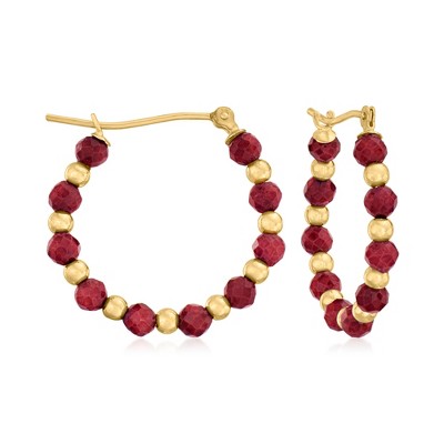 Ross-Simons 4.90 ct. t.w. Ruby Bead Hoop Earrings in 14kt Yellow Gold