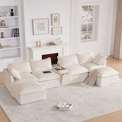 YOOCOZZ Skirted Chenille Sectional Sofa with 2 Movable Ottomans, Flip-Top Storage Console, Hidden Cup Holders, Charging Armrest