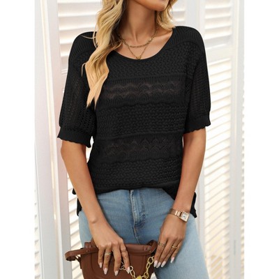 Womens Summer Tops Round Neck Lace Short Sleeve Casual Knit Top Blouse
