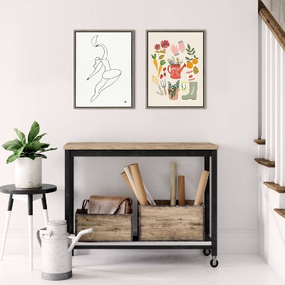 Whimsical Gardening Art Print on Canvas with Gray Frame