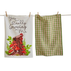 tagltd Set of 2 Growing On Me Sentiment with Mushroom Print and Green Plaid Cotton   Kitchen Dishtowels 26L x 18W in. - 1 of 2