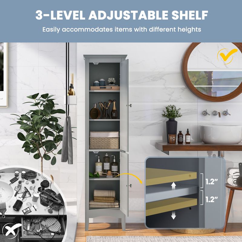 Tangkula Freestanding Bathroom Storage Cabinet Tall Narrow Storage Cabinet with 1 Adjustable Shelf 1 Drawer and 2 Doors Gray/Coffee/Black/White, 4 of 10