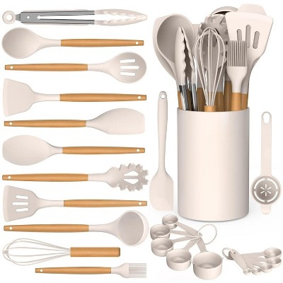 LunaLulinlk Wooden Handle Silicone Cooking Utensil Set, Eco-Friendly, High Heat Resistant 446°F Kitchen Utensils with Stand, BPA Free