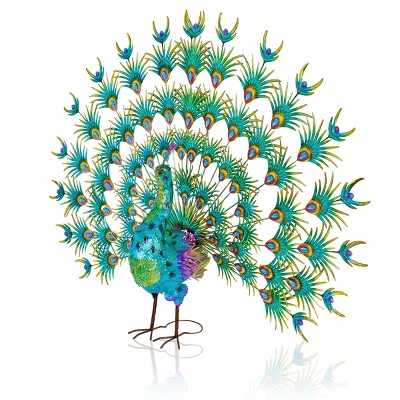 Alpine Corporation Jumbo Size Majestic Tail Open Peacock Décor: Iron Bird Sculpture with Jewels, Outdoor Use