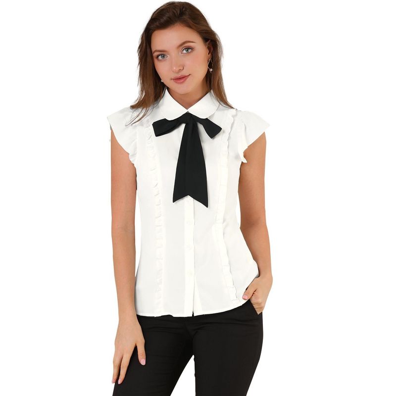 Allegra K Women's Ruffles Cap Sleeve Tops Tie Neck Button Up Peter Pan Collar Blouse Shirts, 1 of 7