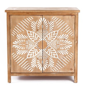 LuxenHome Sideboard Storage Cabinet with Storage 32" Farmhouse Natural Wood Floral Accent Cabinet Coffee Bar Cabinet for Living Room Kitchen Brown - 1 of 4