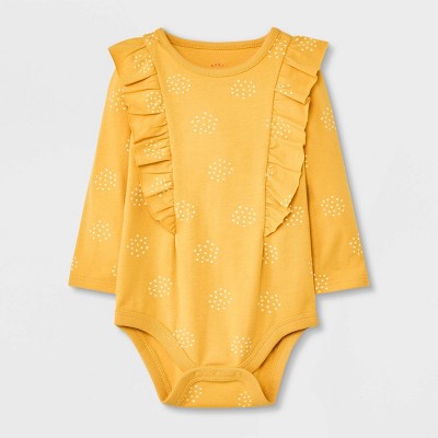 Image of Baby Girls' Sunflower Ruffle Long Sleeve Bodysuit - Cat & Jack™ Mustard Yellow 3-6M