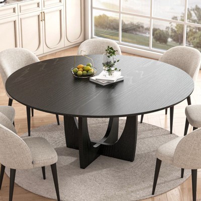 PexFix 59" x 59" Solid Wood Farmhouse Dining Table Round Wood Top with Arched Cross Legs for Modern Dining Rooms & Family Gatherings Black