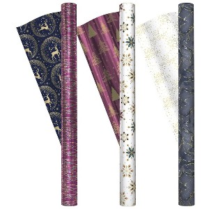 Kirkland 3 Roll Christmas Gift Wrap 270 sq ft Purple Pebble/White Flower/Indigo - 1 of 3