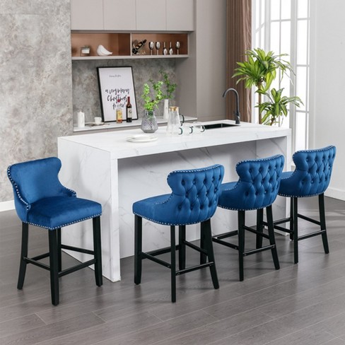 4 Pcs Wing Back Bar Stools Set 22x19x37 Inches Velvet Spring Cushion Barstools Armless Kitchen Counter Bar Stool Blue