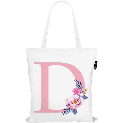 Floral Initial Canvas Tote Bags, Monogrammed Pink Letter Tote Personalized Bag Birthday Graduation Christmas Gift, Letter D