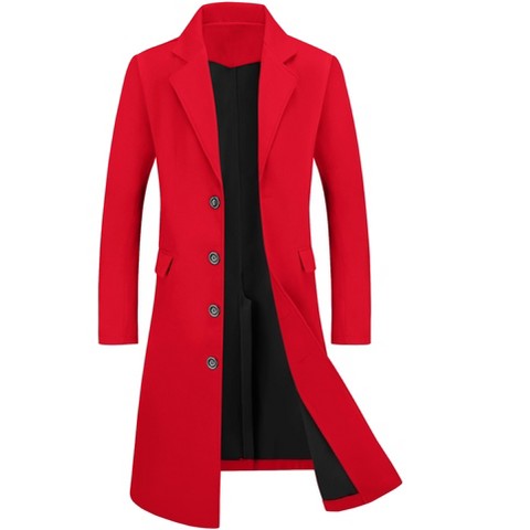 INSPIRE CHIC Men's Single Breasted Notched Lapel Winter Long Overcoat Burgundy Medium