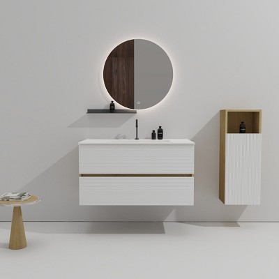 Akoasm 36 Inch Floating Bathroom Storage Cabinet With Integrated Ceramic Sink-White Matt & Natural Oak