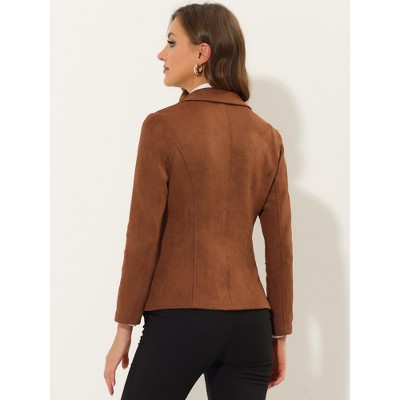 INSPIRE CHIC Women's Lapel Collar Long Sleeve Faux Suede Work Office Blazer 2 Packs Caramel/Coffee Large — фото 3