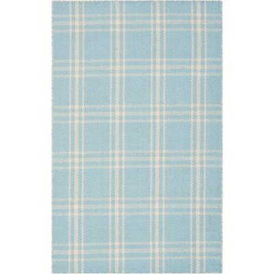 Light Blue Plaid Wool and Cotton Flat Woven Rug