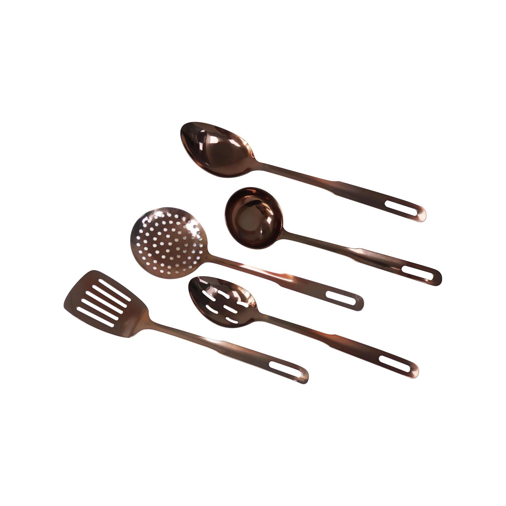 Amco 5-Piece Stainless Steel Cooking Utensil Set, Copper Finish, Includes Kitchen Ladle, Slotted Turner, Skimmer, Solid Spoons, 14" w/ Hanging Holes